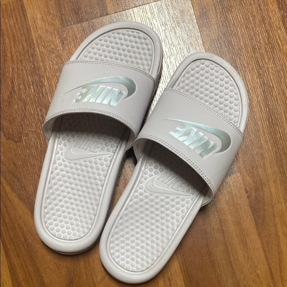 Nike Cream Slide Sandals with Silver Logo